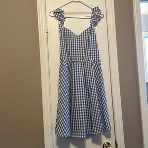 ruffle trim shirred back gingham dress